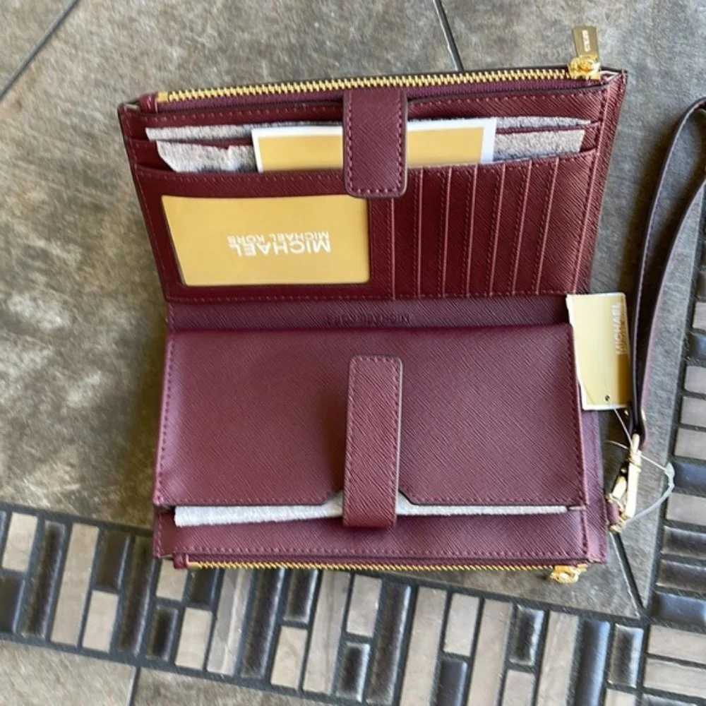 Michael Kors Jet Set Travel Large Double Zip Wristlet Wallet Dark Cherry Leather